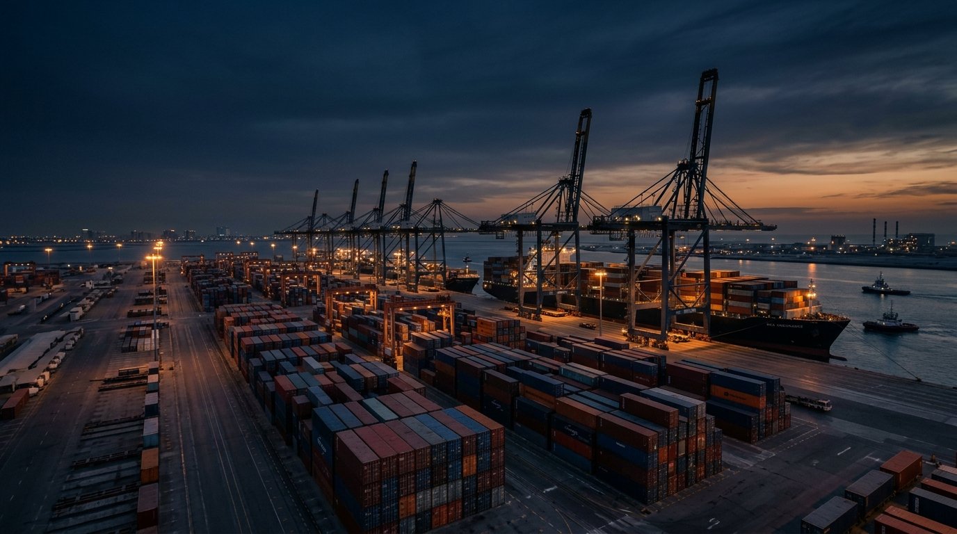Industrial deep-water port terminal at dusk